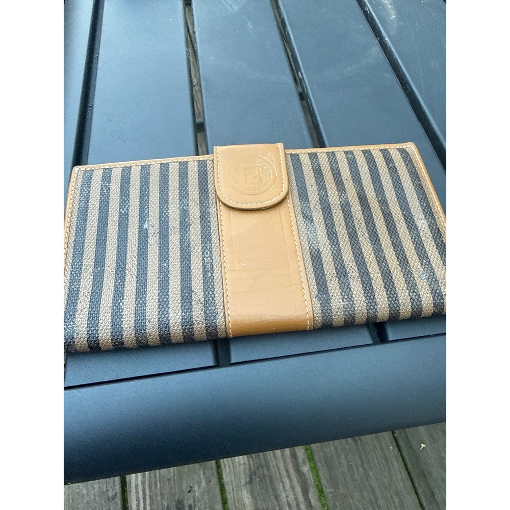 Vintage Fendi s.a.s. Roma Pequin Striped Long Wallet Tan Leather Brown Black
